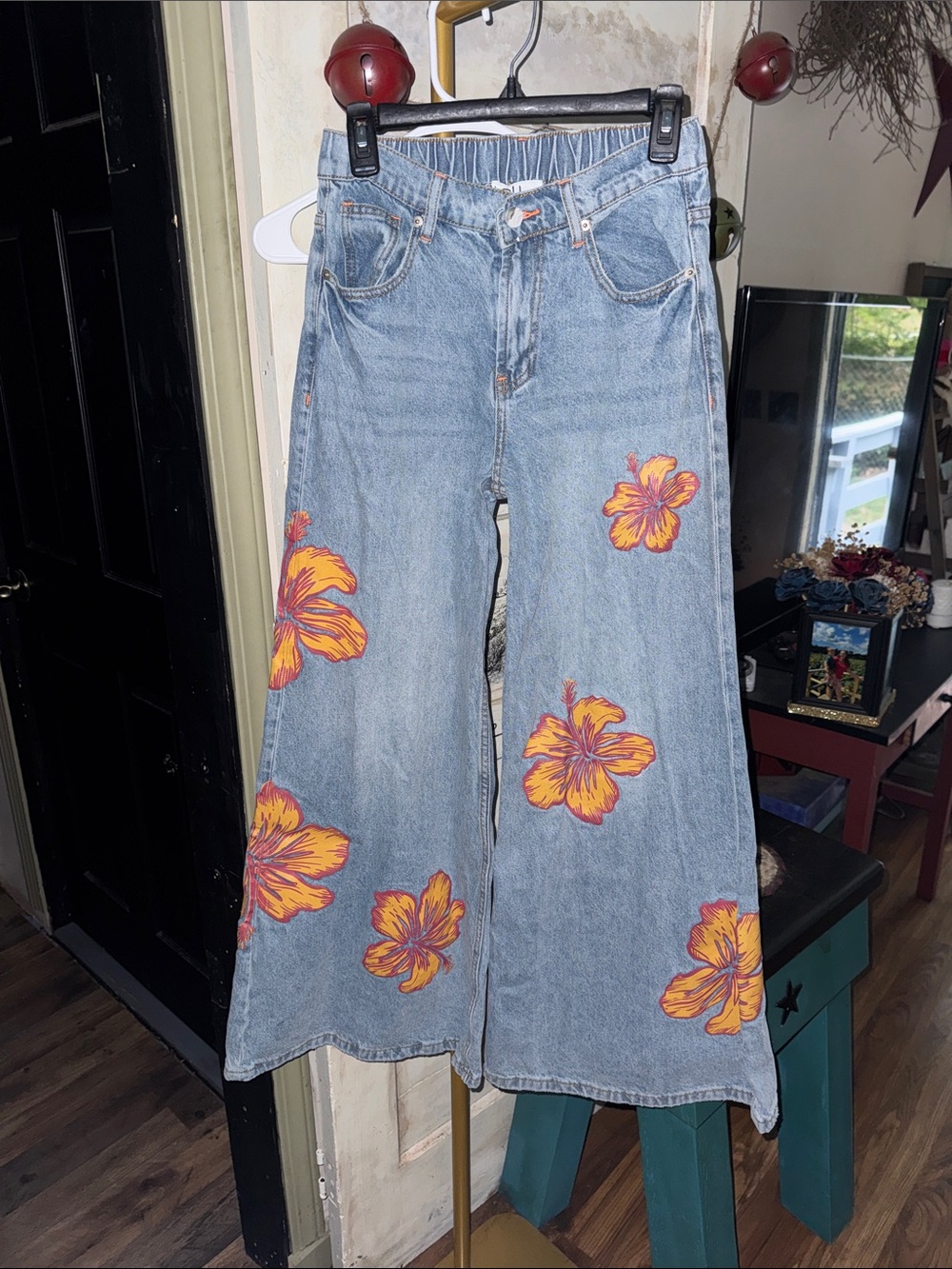 Oli & Hali Blue Wide-Leg Jeans with Orange Floral Appliqués